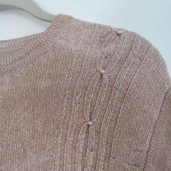VINTAGE 90s Chenille Beige Tan Embroidered Cable Knit Crew Neck Tunic Sweater - Picture 9 of 15